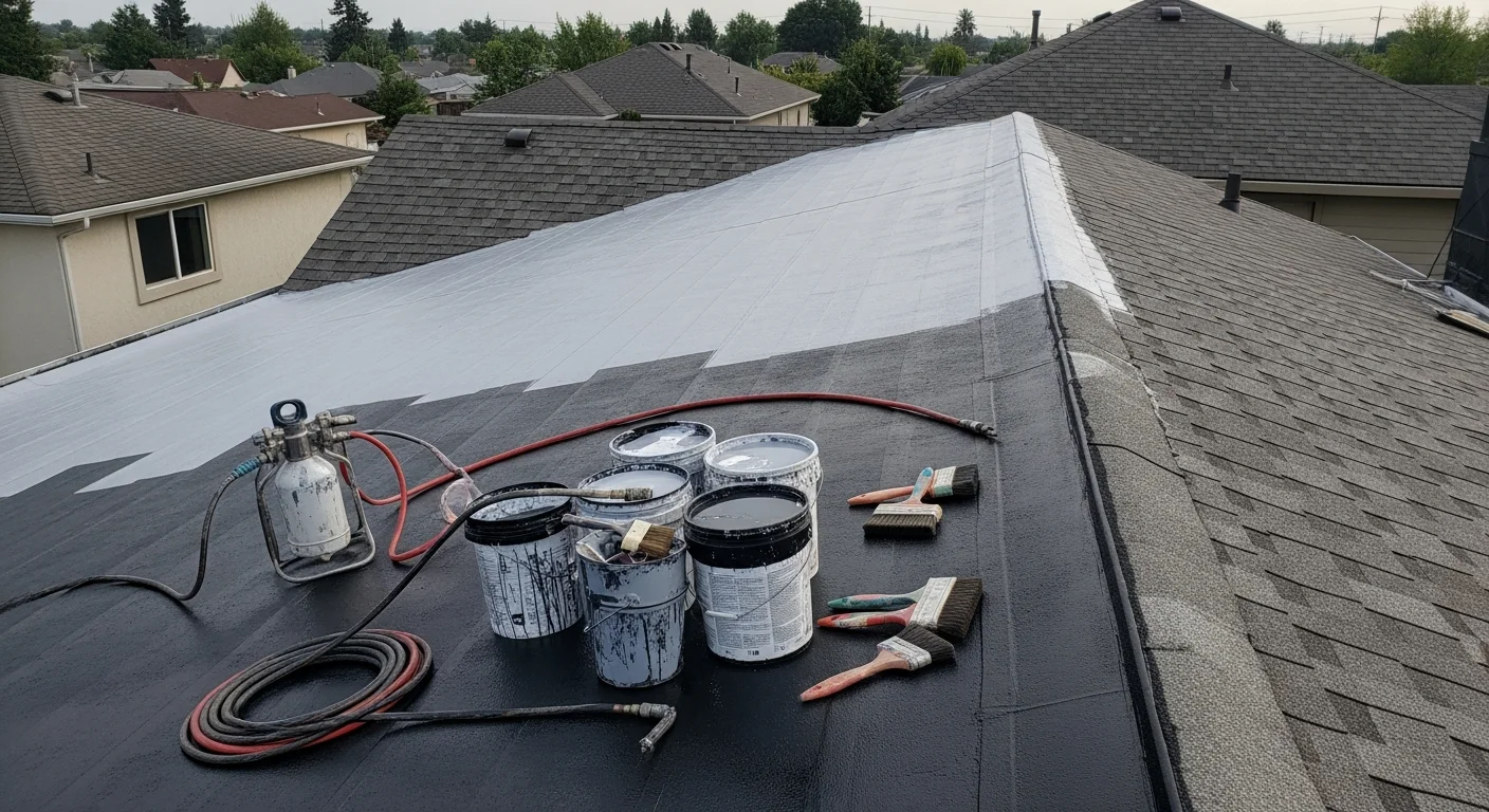 Roofer applying protective coating to commercial roof