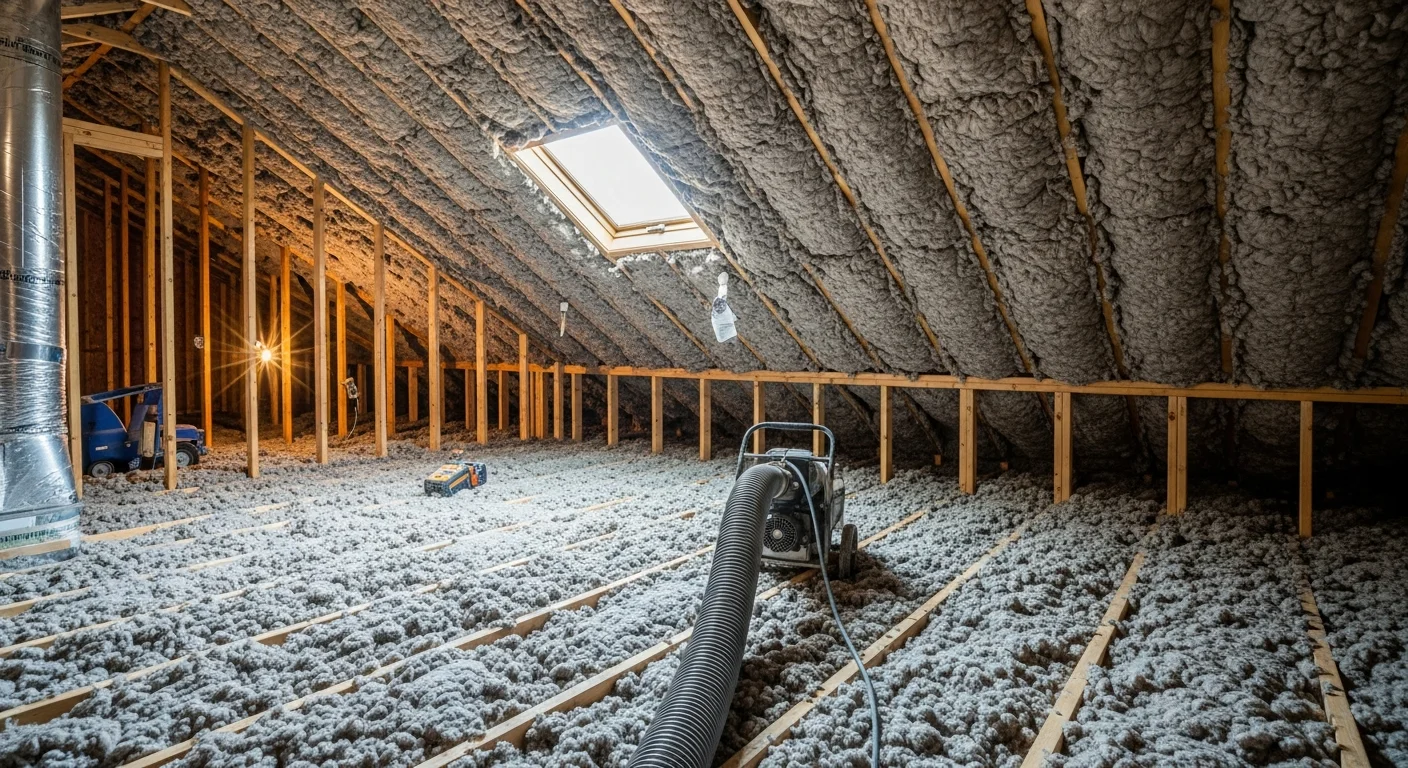 A Spartanburg, SC attic floor covered in a thick, even layer of gray blown cellulose insulation installed between wood joists. A depth ruler visible in the frame shows coverage meeting Climate Zone 3 R-value requirements.