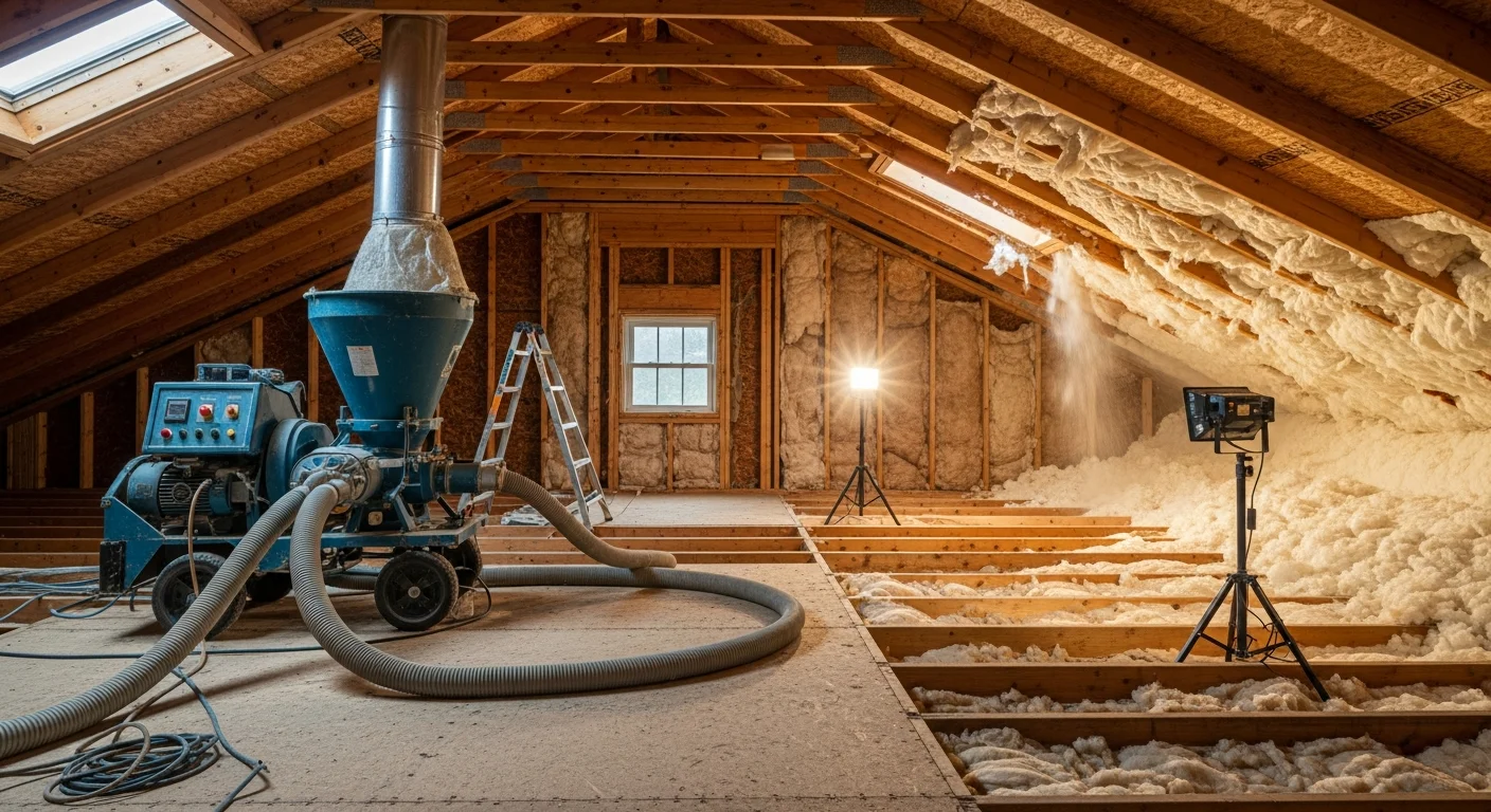 A Spartanburg, SC attic floor covered in a uniform layer of blown fiberglass insulation filling the joist bays from wall to wall. A technician in protective gear directs the blower hose across the attic space during the C2 Insulation installation process.