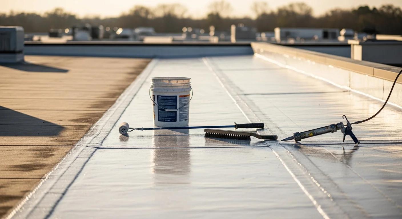 A Spartanburg, SC commercial building with a freshly applied white reflective roof coating covering a flat low-slope roof surface. A roofing technician in work gear is visible applying the liquid membrane coating near the roofline.