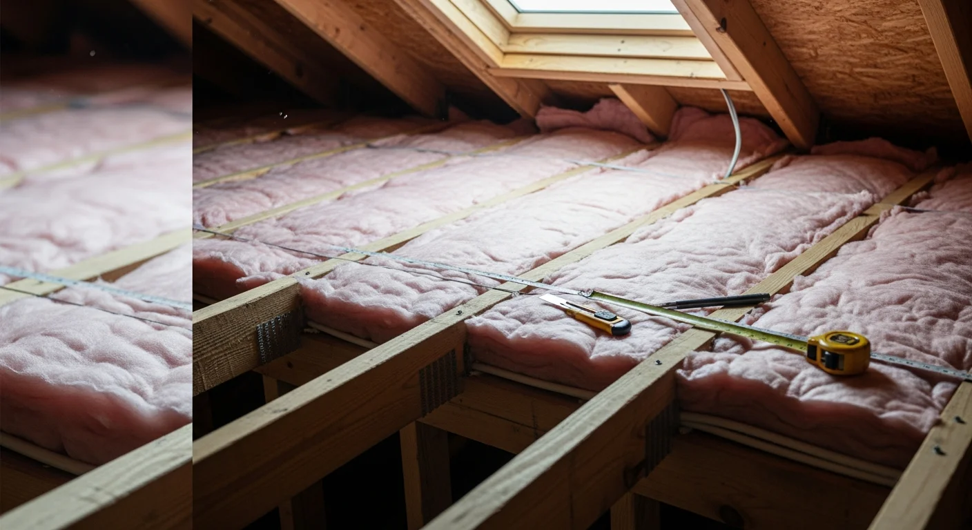 A C2 Insulation technician fitting fiberglass batts into wall cavities during a residential insulation installation in Spartanburg, SC. The image shows snugly placed batts filling stud bays in an older wood-frame home with no visible gaps or compression.