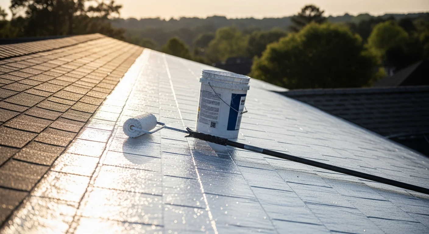 A roofing contractor applying white reflective roof coating to a low-slope residential roof in Spartanburg, SC. The finished surface shows a bright, uniform coating under clear summer sky conditions.