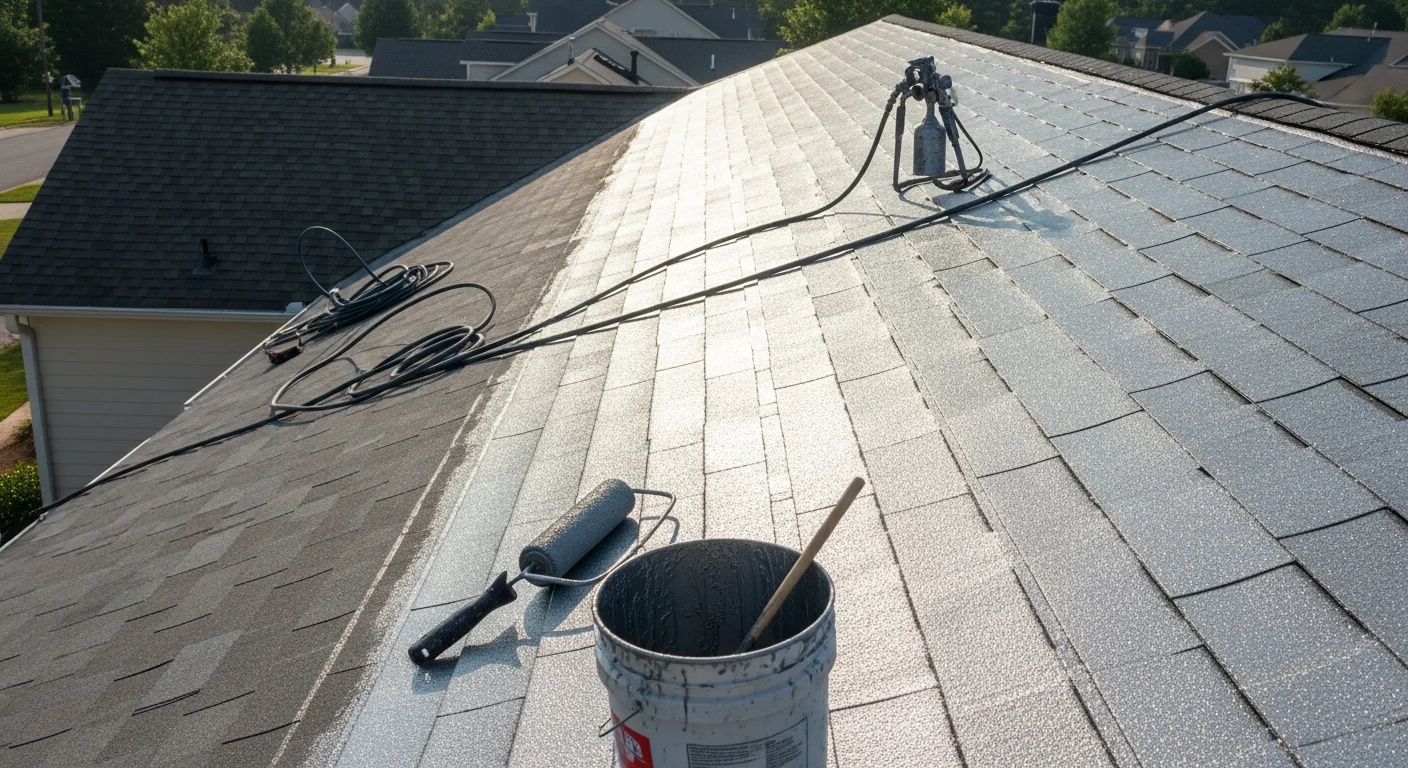 A Spartanburg, SC residential home with a freshly applied roof coating covering the full surface in a uniform, light-colored finish. A C2 Insulation crew member is visible on the roof near the ridge line, completing the final application pass.