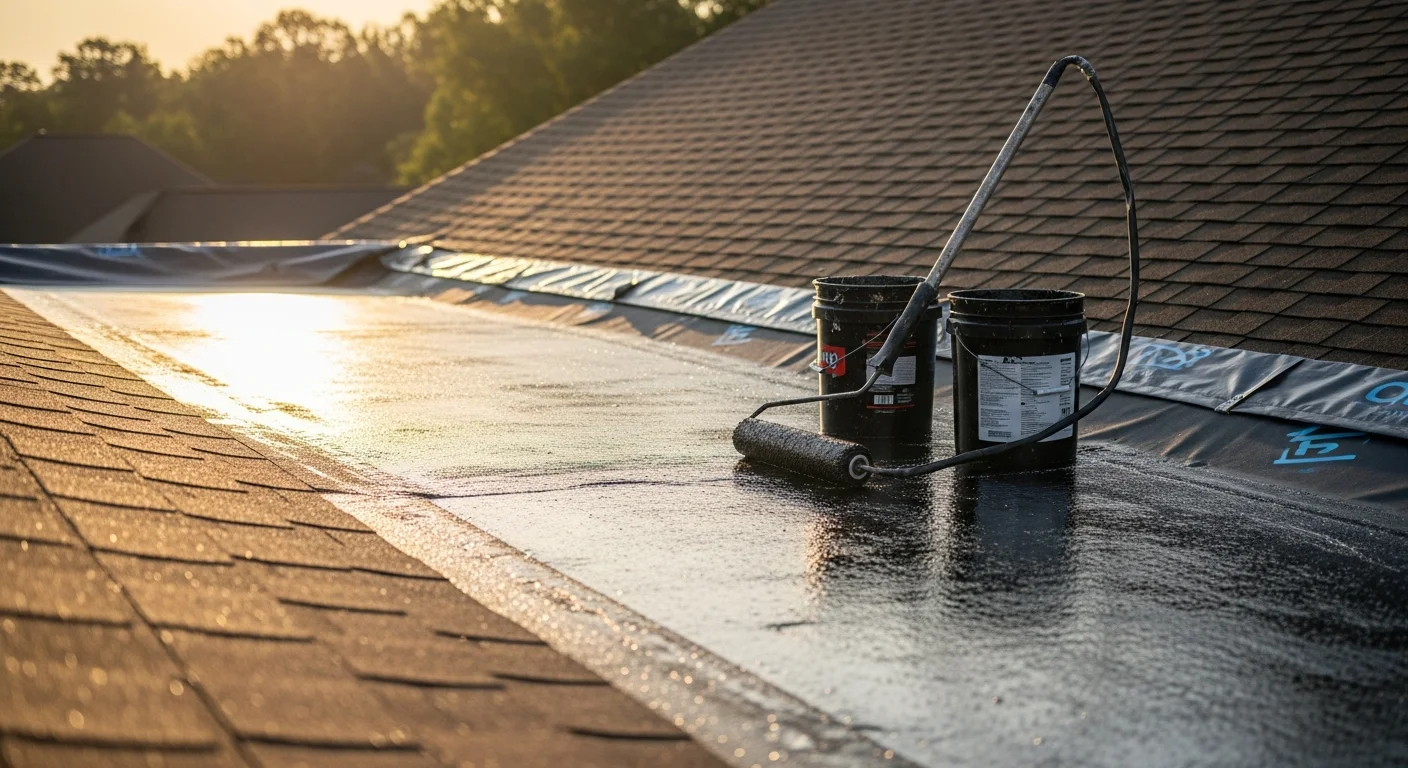 A roofing contractor applying a white reflective coating to a flat commercial roof in Spartanburg, SC. The finished surface shows a smooth, seamless membrane covering the full roof field and sealed edges.