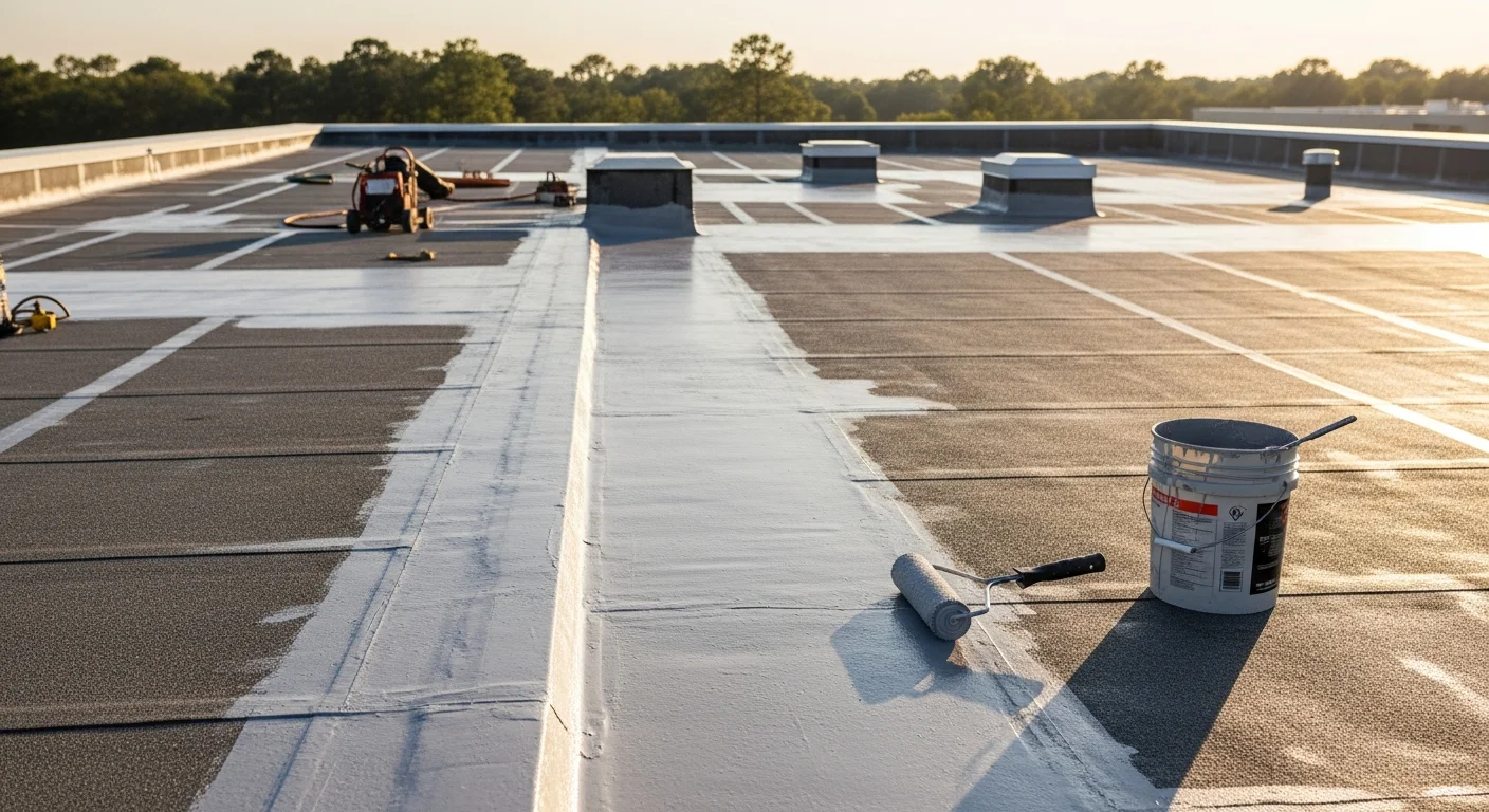 A flat commercial rooftop in Spartanburg, SC after roof coating repair, showing a smooth, light-colored seamless membrane covering the repaired surface. A roofing contractor from C2 Insulation inspects the finished coating along the roofline with clear sky overhead.