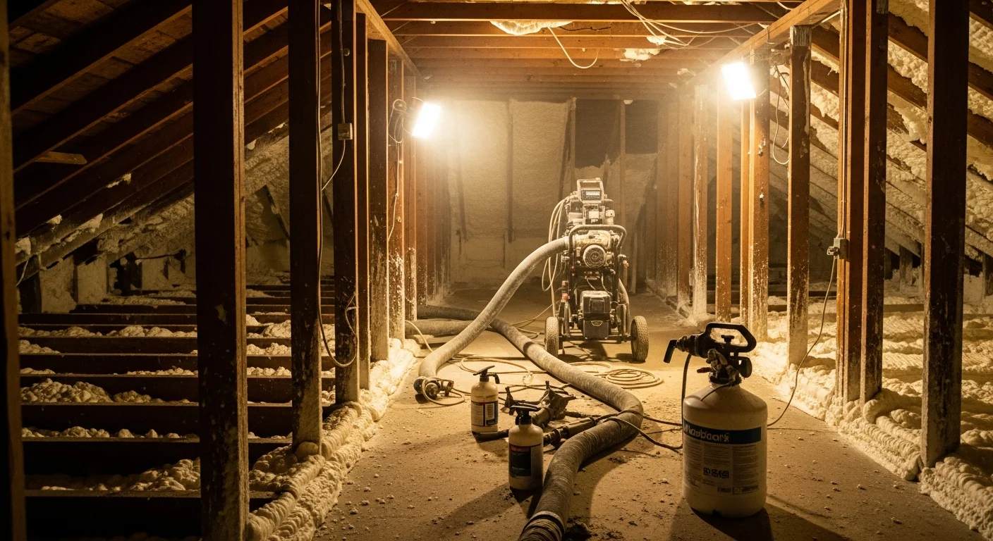 A spray foam insulation contractor applying foam to the rim joists and crawl space walls of a residential home in Spartanburg, SC. The foam is shown fully expanded and cured, creating a continuous white barrier across the foundation framing.